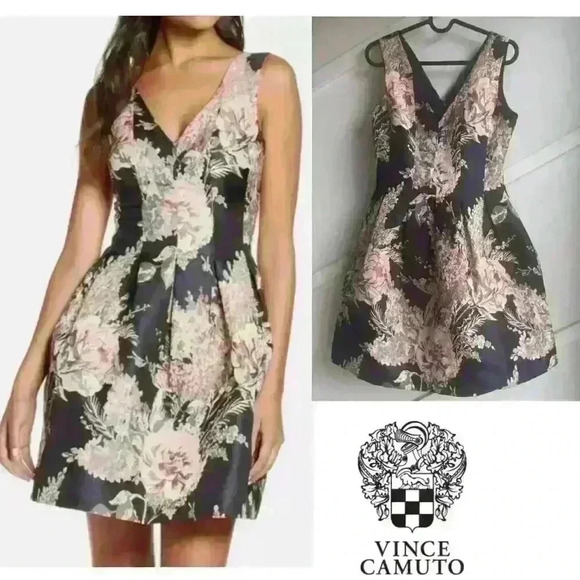 Vince Camuto Dresses & Skirts - Vince Camuto Floral Textured Short Jacquard Fit &  Flare evening Dress, Size 0